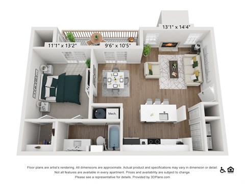 Floor plan for 1 bed, 1 bath, 750 sqft